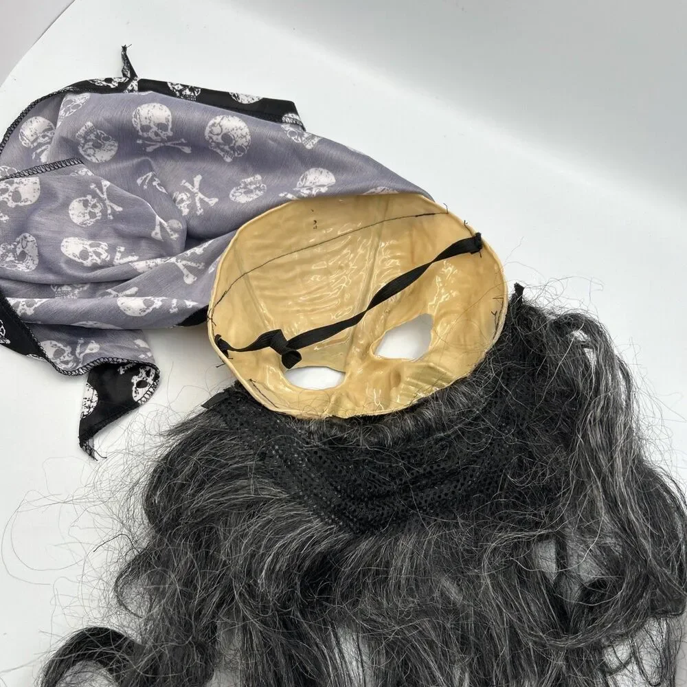 Vintage Pirate Halloween Mask Long Black Beard Skull Bandana Costume Prop